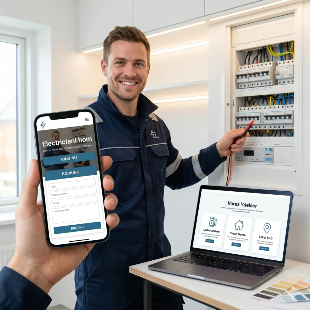 Smilende elektriker i arbejdstøj viser sin nye professionelle hjemmeside frem på mobil og bærbar computer foran en åben eltavle.
