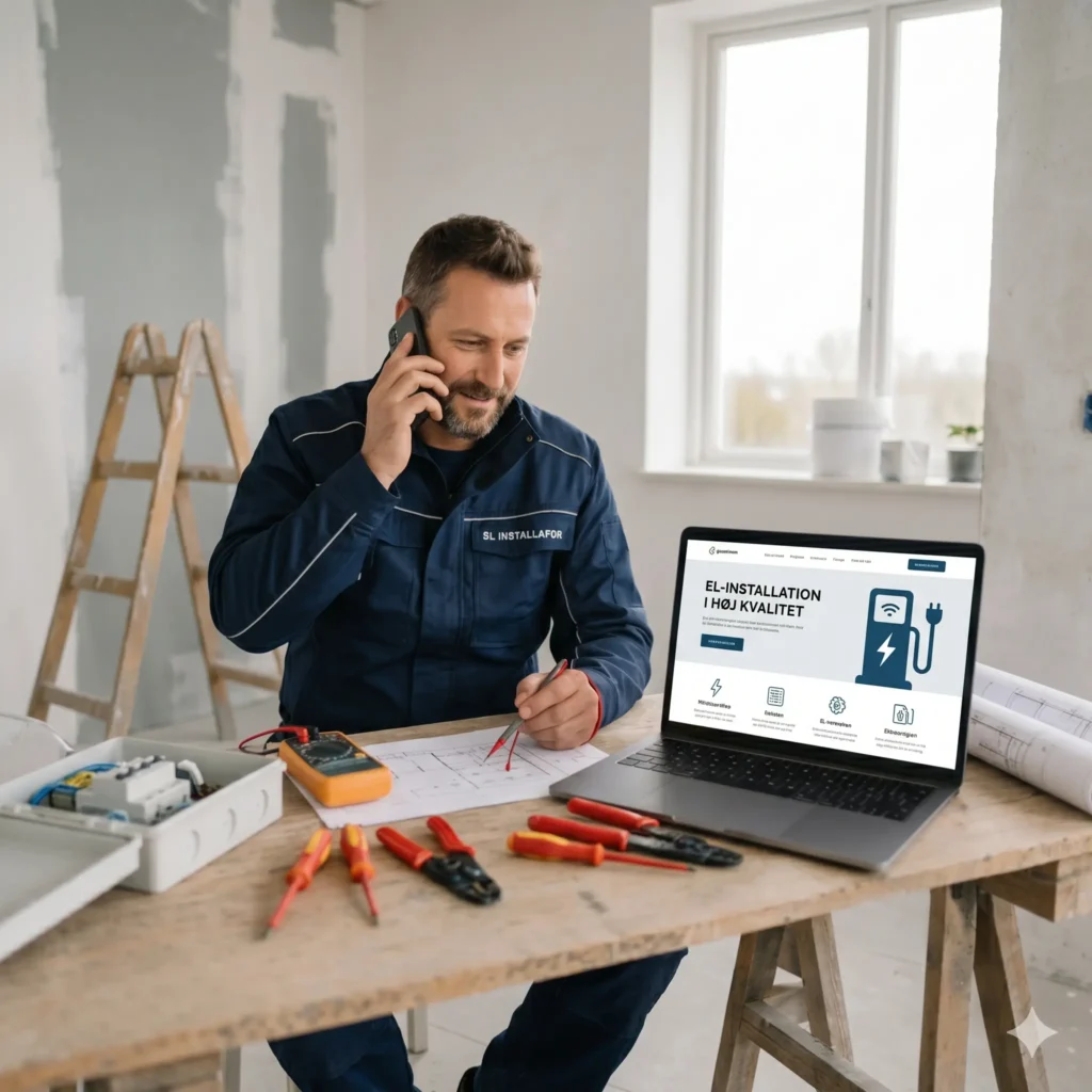 Elektriker i arbejdstøj taler i telefon ved et arbejdsbord med værktøj, mens en bærbar computer viser en hjemmeside til elektriker med fokus på ladestandere.