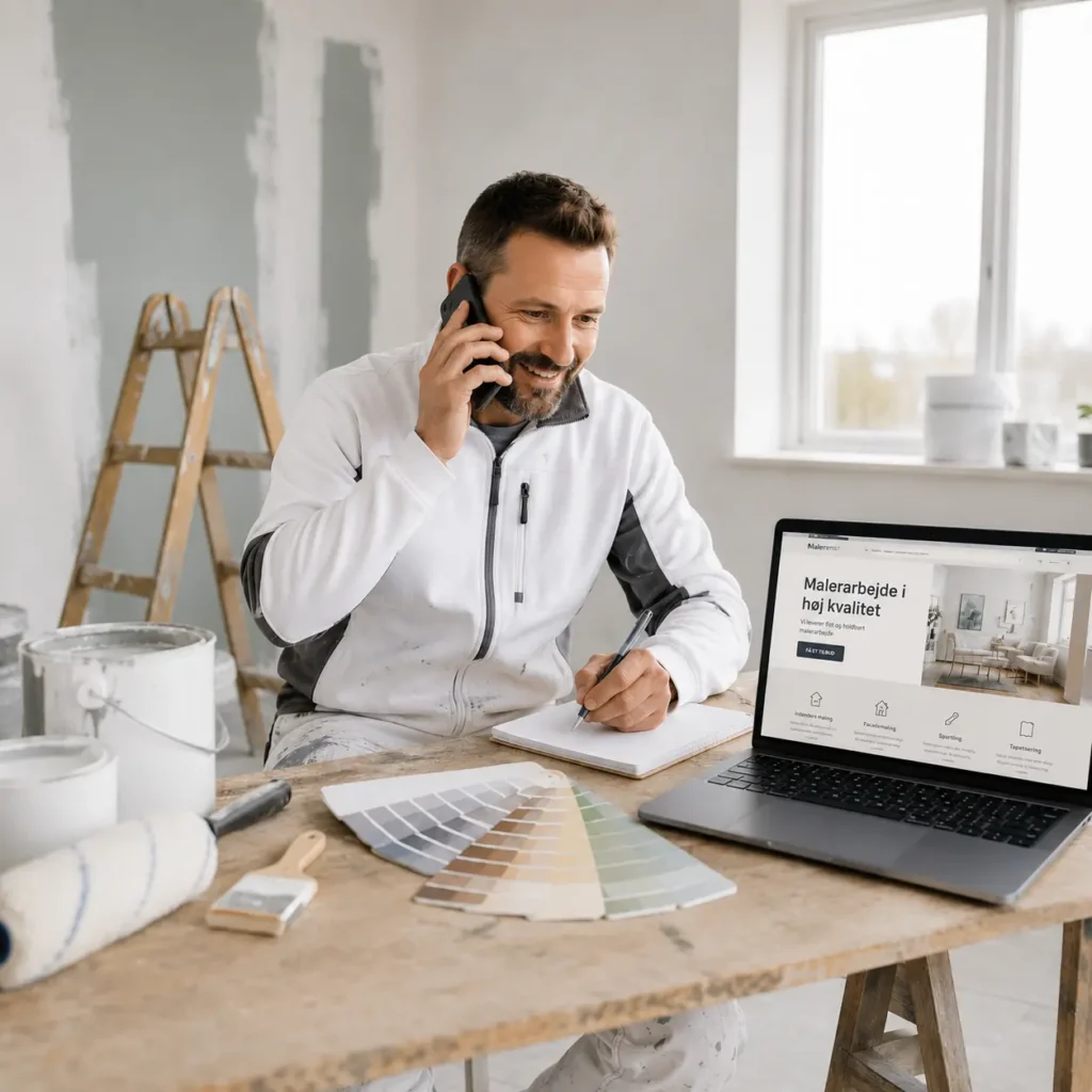Maler taler i telefon ved laptop med hjemmeside til malerfirma