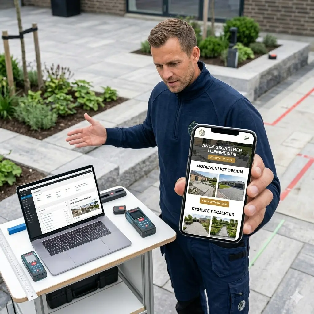 Anlægsgartner i arbejdstøj viser en mobilvenlig anlægsgartner-hjemmeside frem på sin smartphone. I baggrunden står en bærbar computer med SEO-statistik på en flot nyanlagt fliseterrasse.