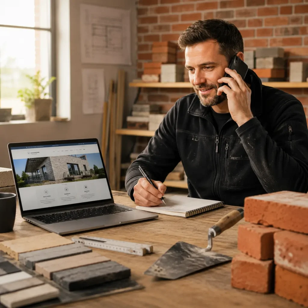 Murer taler i telefon ved laptop med hjemmeside til murerfirma