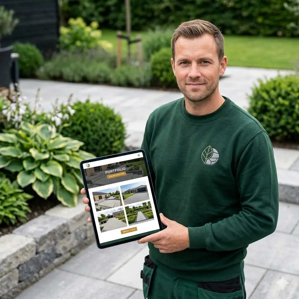 Professionel anlægsgartner i grønt arbejdstøj står på en nylagt fliseterrasse og fremviser en moderne hjemmeside med portfolio og før/efter-billeder på en tablet.