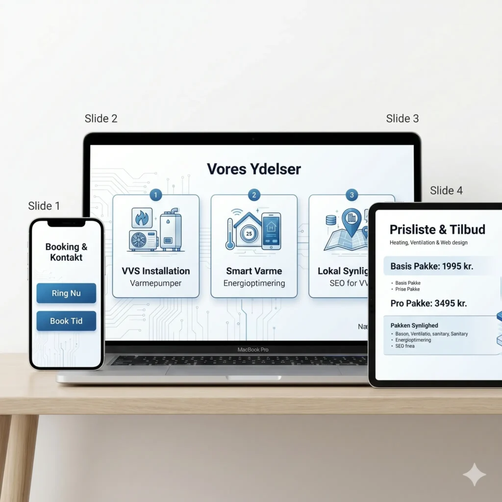Responsiv VVS-hjemmeside vist på smartphone, tablet og bærbar computer. Eksempel på konverteringsoptimeret webdesign med fokus på varmepumper, smart-varme og lokal SEO for VVS-installatører.